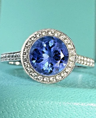 $15,500 TIFFANY & CO. SOLESTE TANZANITE DIAMOND HALO LEGACY RING PLATINUM 6.5 - Image 1 of 4