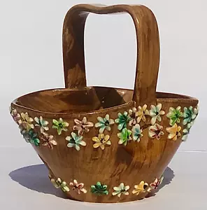 Italian Pottery Fanciullacci Posy Vase Bon Bon Basket Wood Effect Flowers 1950s - Picture 1 of 14