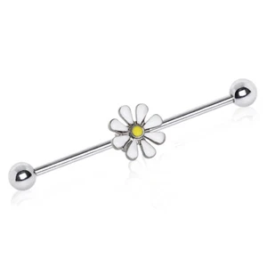 14GA 1 1/2" Sweet White Daisy Over 316L Surgical Steel Industrial Barbells T271 - Picture 1 of 1