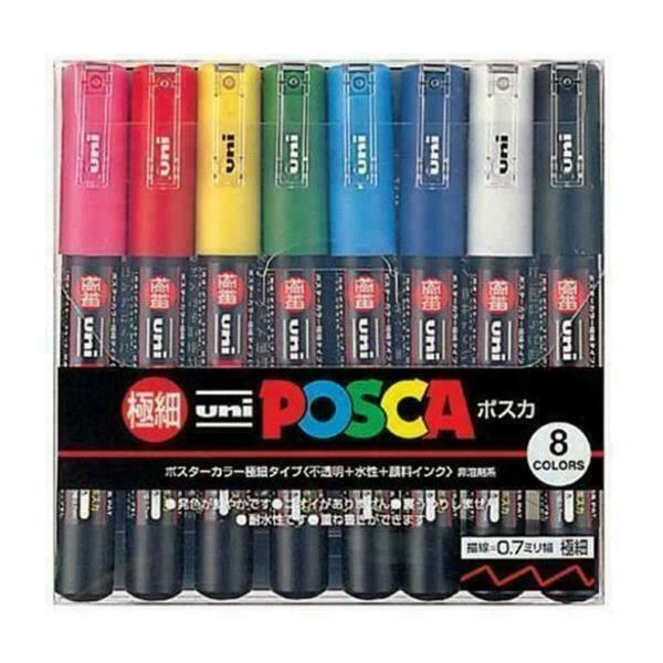 Uni-Posca Paint Extra Fine Point Set of 8 Colours Marker Pens (PC-1M8C)