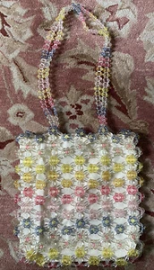 Cynthia Rowley Tote Bag Pastel Beaded Purse Flower Design Over Light Canvas Bag - Picture 1 of 4