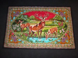 Vtg Jennie G. Wall Hanging Tapestry Rug Deer Family Made in Turkey 38x58" - Picture 1 of 9