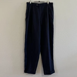 Vintage 90s Liz Sport Poly Rayon Hi Rise Pleated Cuffed Navy Pants Sz 14 EVC - Picture 1 of 7