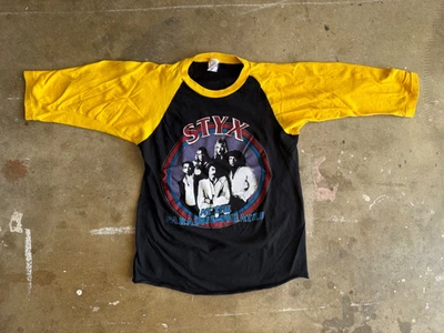 VINTAGE 80s STYX (ROCK BAND) 1981 WORLD TOUR CONCERT PARKING LOT T-SHIRT SZ S - Image 1 of 4