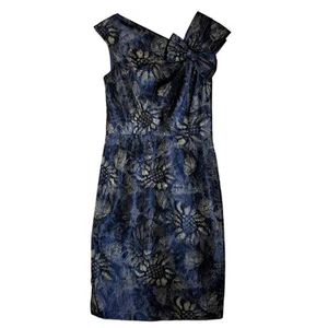 Teri Jon Rickie Freeman Dress Size 2 Navy Blue Gold Metallic Floral Jacquard   - Picture 1 of 8