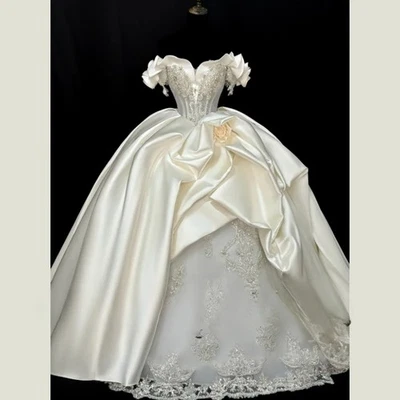 Белый роскошный жемчуг свадьбы с плеча с оборками бисером талии корсет трапециевидный - Изображение 1 из 4