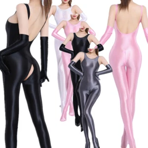 Damen transparenter glänzender Jumpsuit Bodystocking Reißverschluss Schritt Bodysuit Dessous Catsuit - Bild 1 von 60