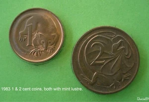 1983 1 cent and 2 cent coins with small amount of mint lustre. "Free post". - Picture 1 of 2