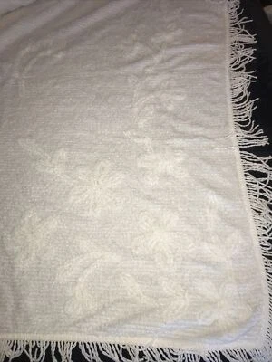Vintage Chenille Bedspread White  Floral Style & Fringe 108”x120” - Image 1 of 4