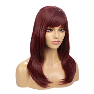 21in Wine Red High Temperature Fiber Hair Wigs With Bangs Women Hairpieces Beaut - Picture 1 of 9