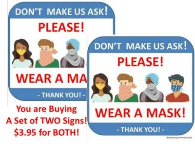 [Set of 2] WEAR A FACE MASK SIGN (5X5" ) PLACARD FOR STORE WINDOW - DOOR - WALL - Image 1 of 2