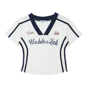 Women T-Shirt Y2K V-Neck Crop Tops Tees 2024 Summer Striped Letter Print Streetw - Picture 1 of 14