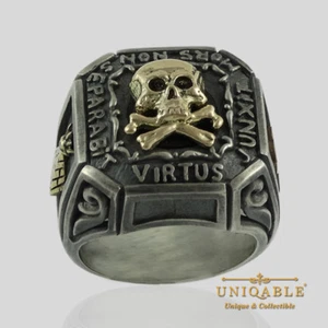 Memento Mori Masonic Knights Templar Ring 14K Gold Silver Skull Biker UNIQABLE - Picture 1 of 12