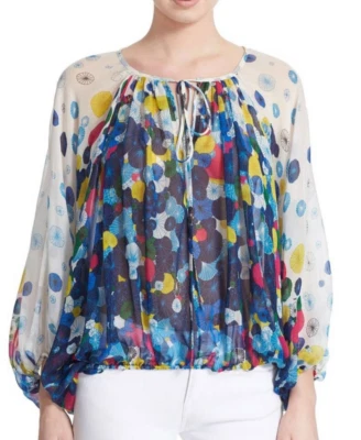 全新带标签 Diane von Furstenberg DVF 彩色波西米亚轻便丝绸衬衫上衣,小号 — 第 1/4 张图片