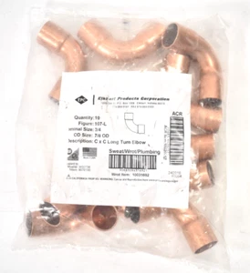 Elkhart 107-L C x C Long Turn Elbows 3/4" x 7/8" OD Copper Sweat Tools Lot of 10 - Picture 1 of 4