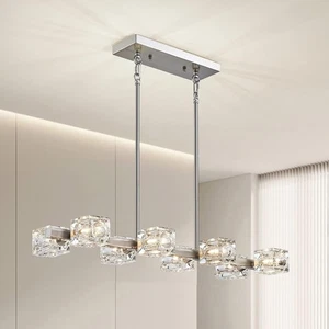 Modern 8 Light Rectangular Pendant Ceiling Light Adjustable Height Glass Shades - Picture 1 of 7