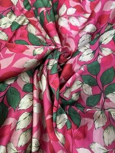 Hot Pink With Cerise Red & Emerald Green Leaves Italian Satin Dress Fabric - Picture 1 of 2