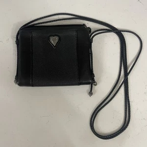 Brighton Crossbody Purse Wallet Black Pebbled Leather Silver Heart Braided Strap - Picture 1 of 11