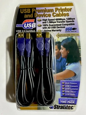 USB Premium Device High SPEED Cables 2 PACK Black Gold Plated 6.5 Foot STRATITEC - Image 1 of 2