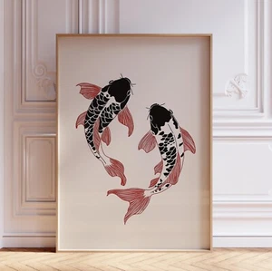 Japanese Red Koi Fish in Yin and Yang Shape Japandi Wall Art Print Poster - Picture 1 of 5