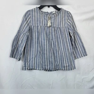 Gap Kids Girls Blue White Chambray Striped Tasseled Tie 3/4 Sleeve Peasant Top M - Picture 1 of 7
