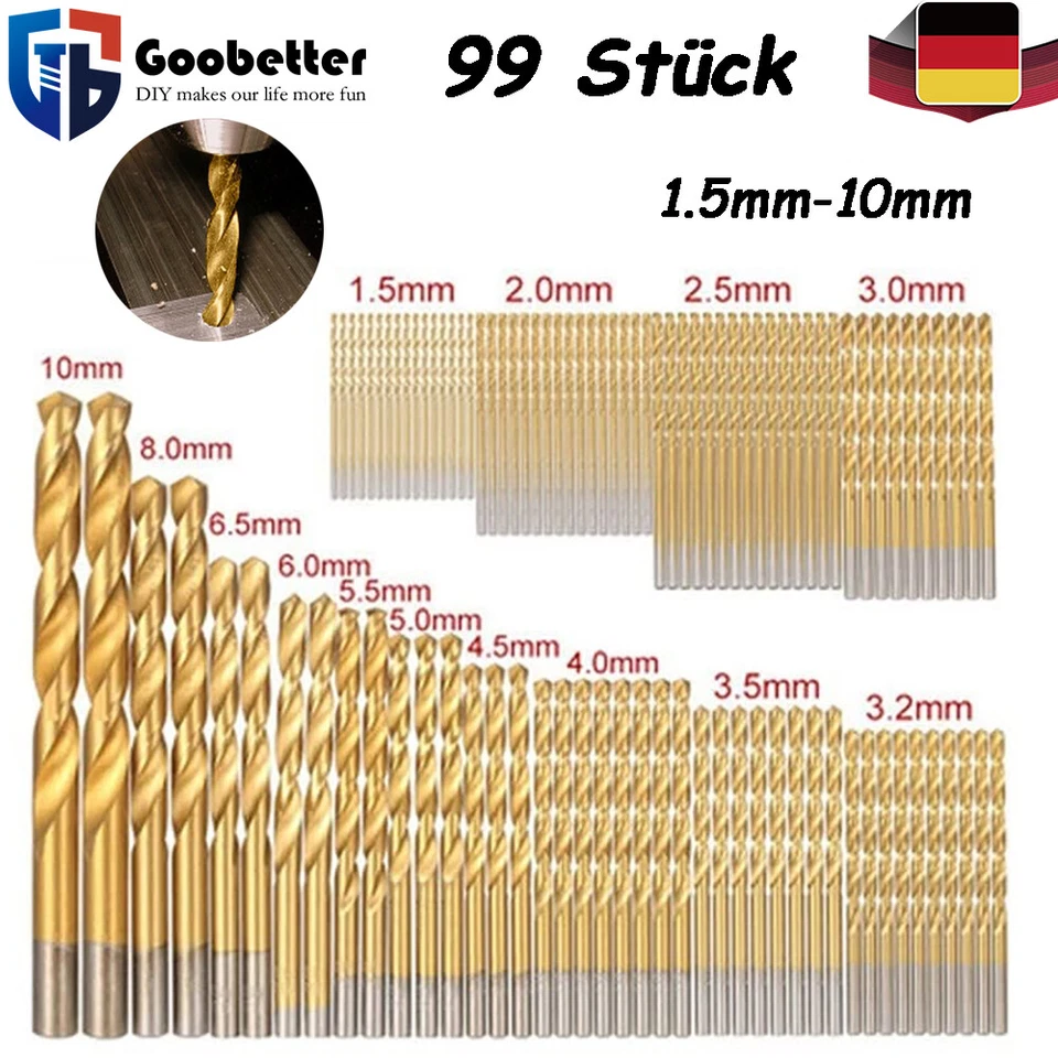 GOOBETTER Bohrerset 99tlg Titan HSS Spiralbohrer Ø 1.5mm-10mm Metallbohrer Holzbohrer Satz