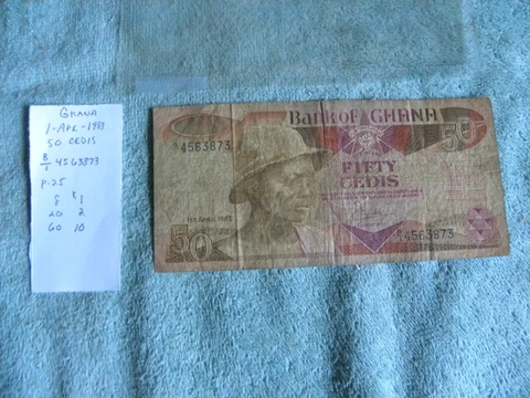 1 FOREIGN CURRENCY BANKNOTE 1983 GHANA 50 (FIFTY) CEDIA Cover