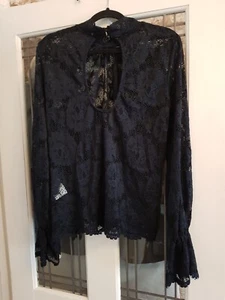 Jane Norman Size Uk 12 Stretch Lace Top Bell Sleeve Lined Choker Top Blue *NEW* - Picture 1 of 11