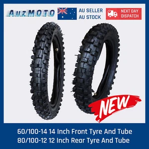 KNOBBY 80/100-12" REAR +2.75-14 INCH FRONT TYRE/TIRE + TUBE PIT DIRT TRAIL BIKE - Picture 1 of 3