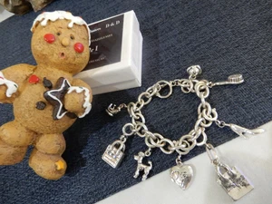 Silver BOUTIQUE 8 CHARM Bracelet w/Ice Cream/Heart/Poodle/Handbags/Crown & brush - Picture 1 of 6