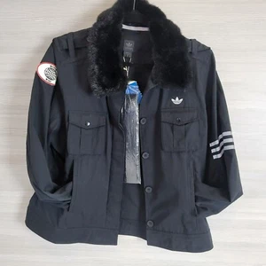 Adidas Vintage Y2K Faux Fur Collar Insecurity Security Patch Coat XL New Rare - Bild 1 von 12