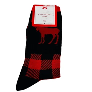 Nuevos calcetines Charter Club Womans Holiday negros rojos ciervos talla 9-11 nuevos con etiquetas - Imagen 1 de 7