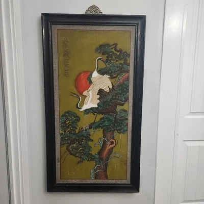 Antique Chinese Art Wall Hanging Large Raised Design Painted Crane in Tree 24x85 - Image 1 of 4