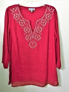 J M COLLECTION RED TUNIC BLOUSE WHITE EMBROIDERY GOLD SPARKLE BEADS Sz M NWOT - Picture 1 of 4