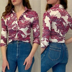 Vintage 70s Maroon Blue Chinoiserie Pattern Silky Disco Shirt by Kmart size S/M - Picture 1 of 16