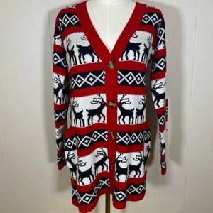 Suéter cárdigan rojo y blanco con estampado de renos de vacaciones talla pequeña - Imagen 1 de 7