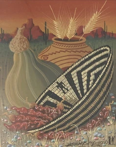 Vintage Original Oil Painting Saguaros Man in Maze Basket Native American Signed - Picture 1 of 11