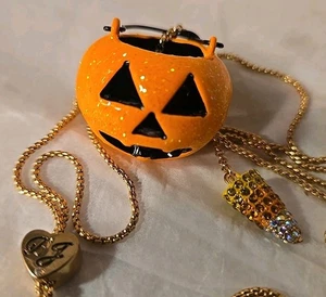 VTG Betsey Johnson JOL Candy Corn PENDANT Necklace Halloween Jewlery Rhinestone  - Picture 1 of 8