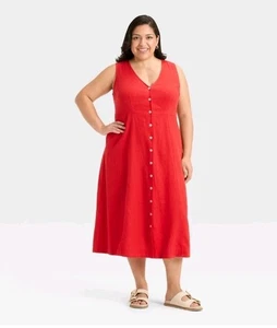 Universal Thread Leinenmischung Knopfleiste Midi A-Linie Kleid rot 1X neu mit Etikett - Bild 1 von 6