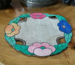Centrino lino applique cucito art deco vintage anni '30. fiori - Foto 1 di 4