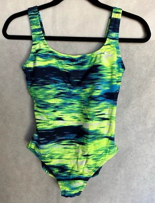 NIKE Traje de baño forrado de una pieza abstracto azul vivo amarillo verde NUEVO M o L Foto 1 de 4