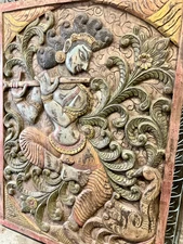 Rustic Wood Carved Krishna Carving Panel Fluting KRISHNA, Old World Element