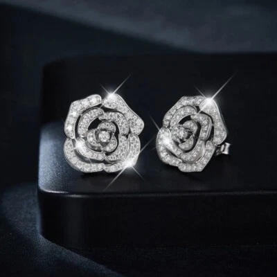 Full Round Moissanite Flower Stud Earrings 925 Sterling Silver Christmas Gift - Image 1 of 4