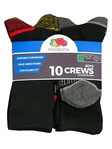 10 Pair Fruit of the Loom Boys Crew Socks Black Cushion Sole Small 4.5-8.5 NEW