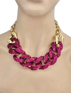 Tiny Fuchsia Pink Beads On Golden Chain Necklace Earrings Jewelry Set - Picture 1 of 3