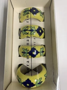 Pier 1 Imports 4 Napkin Ring Holder Set Yellow Purple Flowers Ceramic NIB - Picture 1 of 5