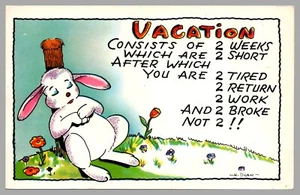 Comic Bunny Rabbit Vacation Humor H Dean Plastichrome Comic c1950 UNP Postcard - Picture 1 of 2