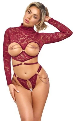 Completo Top e Perizoma Sexy Lingerie Donna Pizzo e Catenine Intimo Erotico - Image 1 of 4
