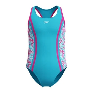 Speedo Girl's Swimsuit One Piece Thick Strap Racer Back Printed 12 Pink - Picture 1 of 7