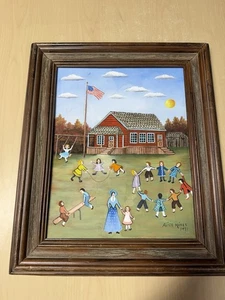 1991 CAROL HINES SIGNED FOLKART PAINTING ON BOARD SCHOOL HOUSE children playing - Picture 1 of 12